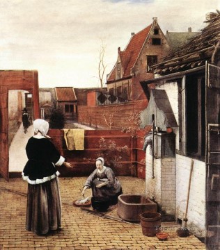 ピーテル・デ・ホーホ Painting - 中庭ジャンルの女性とメイド ピーター・デ・ホーホ